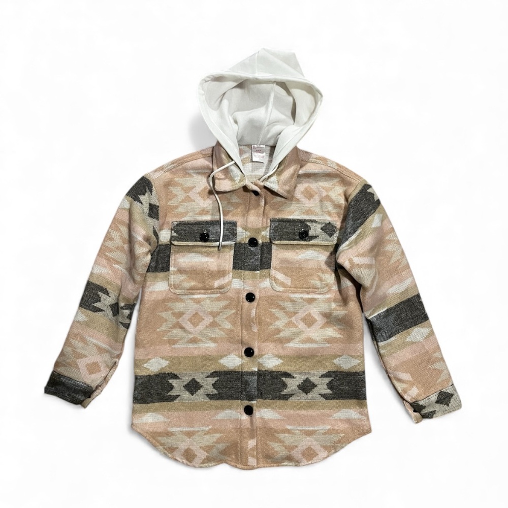 Hooded Shirt Jacket Womens Aztec Pink Button Up